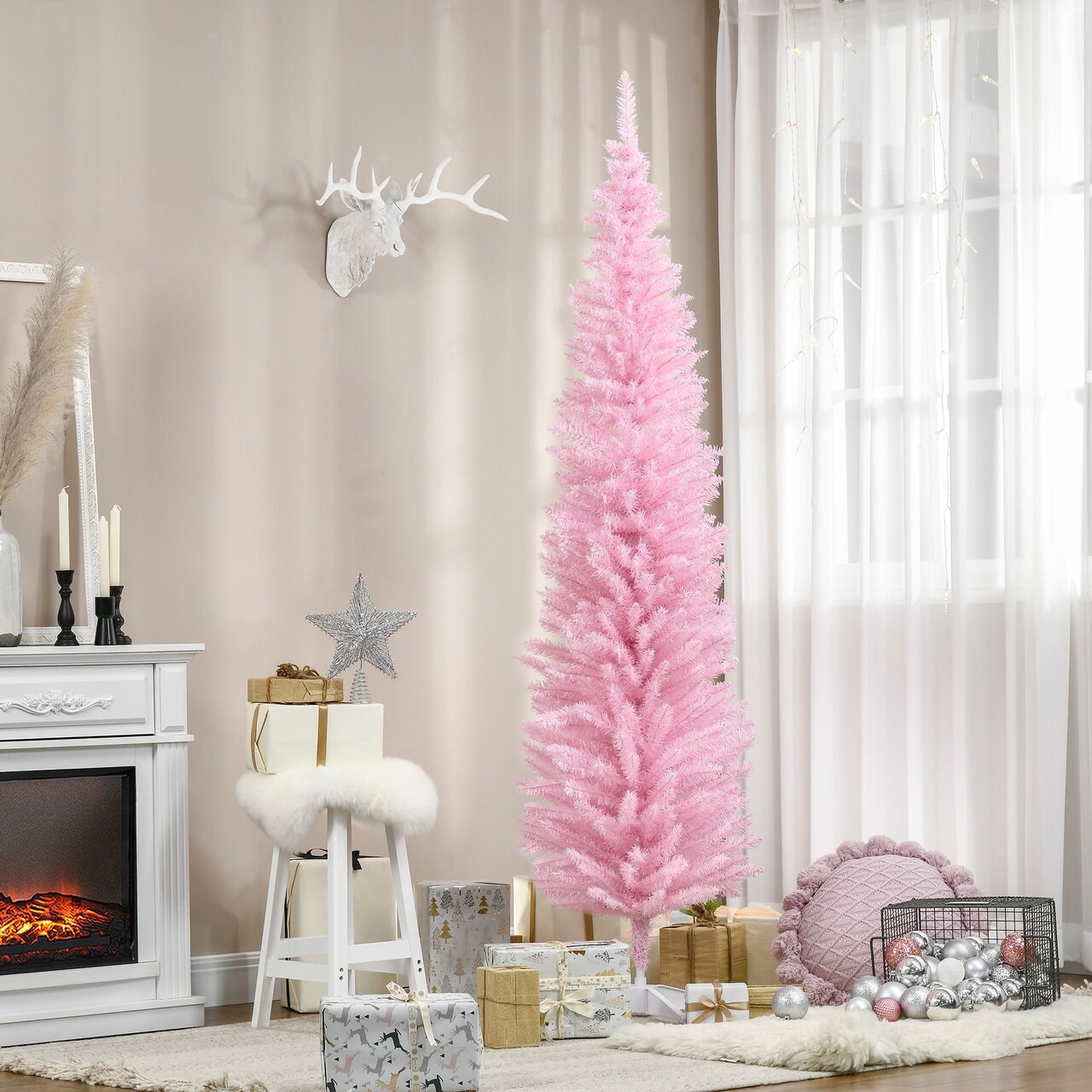 Edge Collections - 7' - Pink - Slim Pencil Artificial Christmas Tree for Easy Decorating - 1 Piece